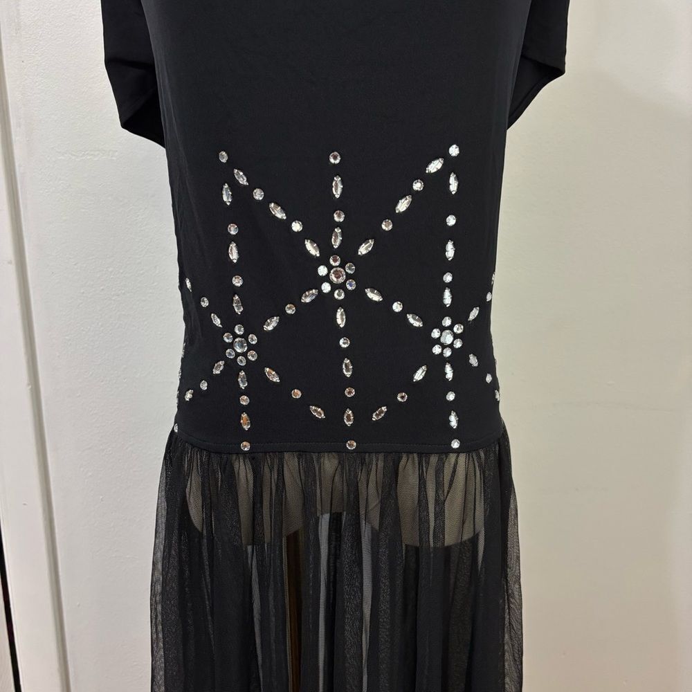 Vtg Nom De Plume Black Mesh Maxi Dress M Whimsigoth Rhinestone Cowl Neck Goth - Picture 8 of 15